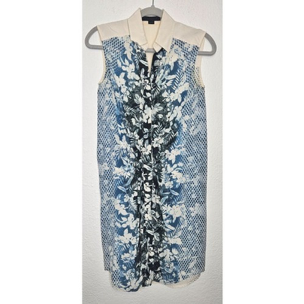 Alexander Wang Silk Shirt Dress Womens 0 Blue Ivory Floral Silk Sheer Mini Boho